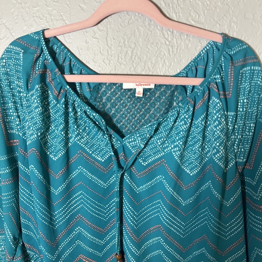 Hollywood Turquoise Patterned Women's XL Boho Top Peasant Fairy Coquette Blouse - Picture 6 of 9